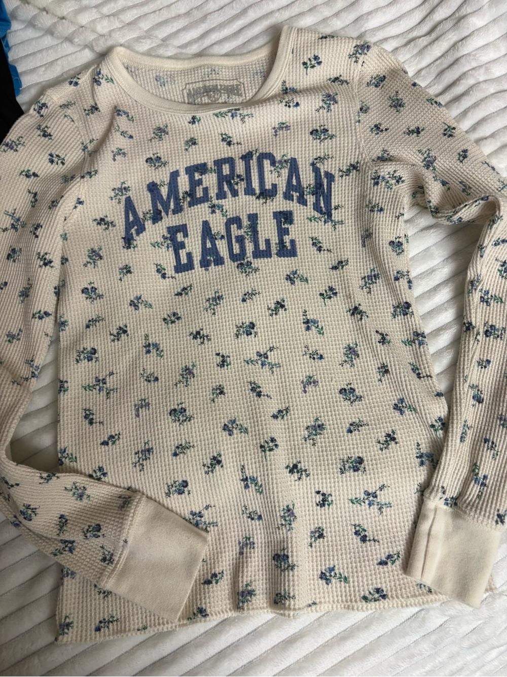 American Eagle Outfitters Cream Waffle-Knit Crew with Blue Floral Print